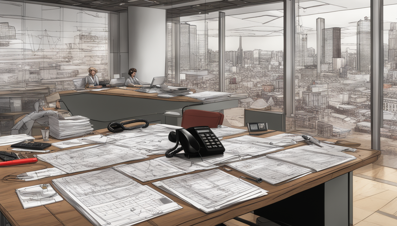 Imagem de uma mesa de escritório com laptop, telefone e caderno, com um piso de vendas movimentado ao fundo, representando a importância de dados de contatos assertivos para a eficiência das vendas.