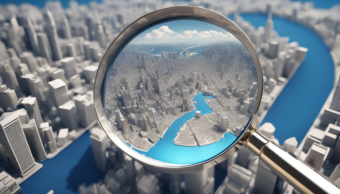 Imagem ilustrando a prospecção B2B com uma lupa sobre um mapa 3D de uma cidade, destacando os prédios com letras B2B douradas para otimização de SEO.