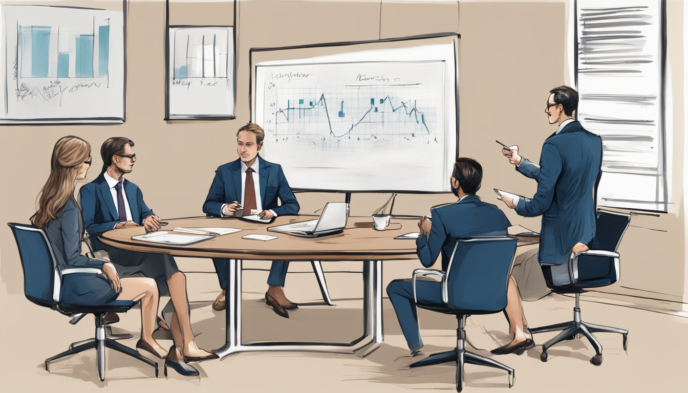 Imagem de reunião de negócios com gestores comerciais e pré-vendedores em sala de conferência, destacando a importância dos mesmos na prospecção B2B.