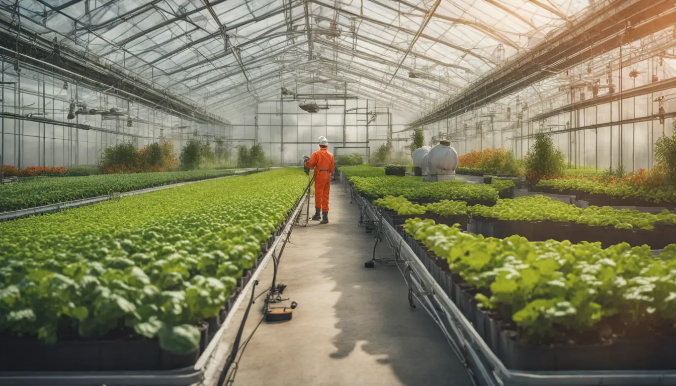 Imagem de estufa grande com plantas e vegetais prosperando, sistema de irrigação automatizado em ação e trabalhadores inspecionando as plantas para melhorar eficiência na produção de alimentos.