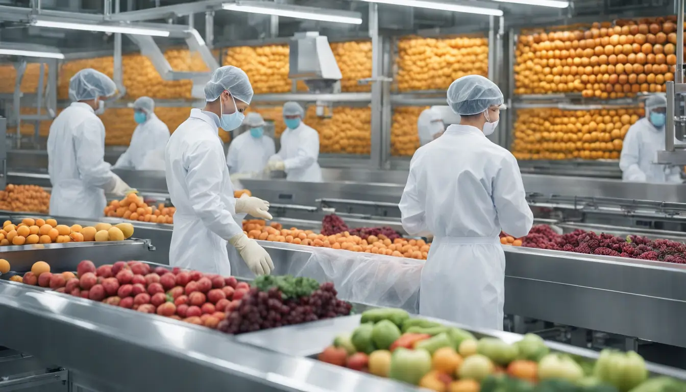 Trabalhadores em uniformes brancos e redes de cabelo inspecionando cuidadosamente frutas e vegetais em uma linha de processamento de alimentos industrial estéril para garantir a segurança alimentar em