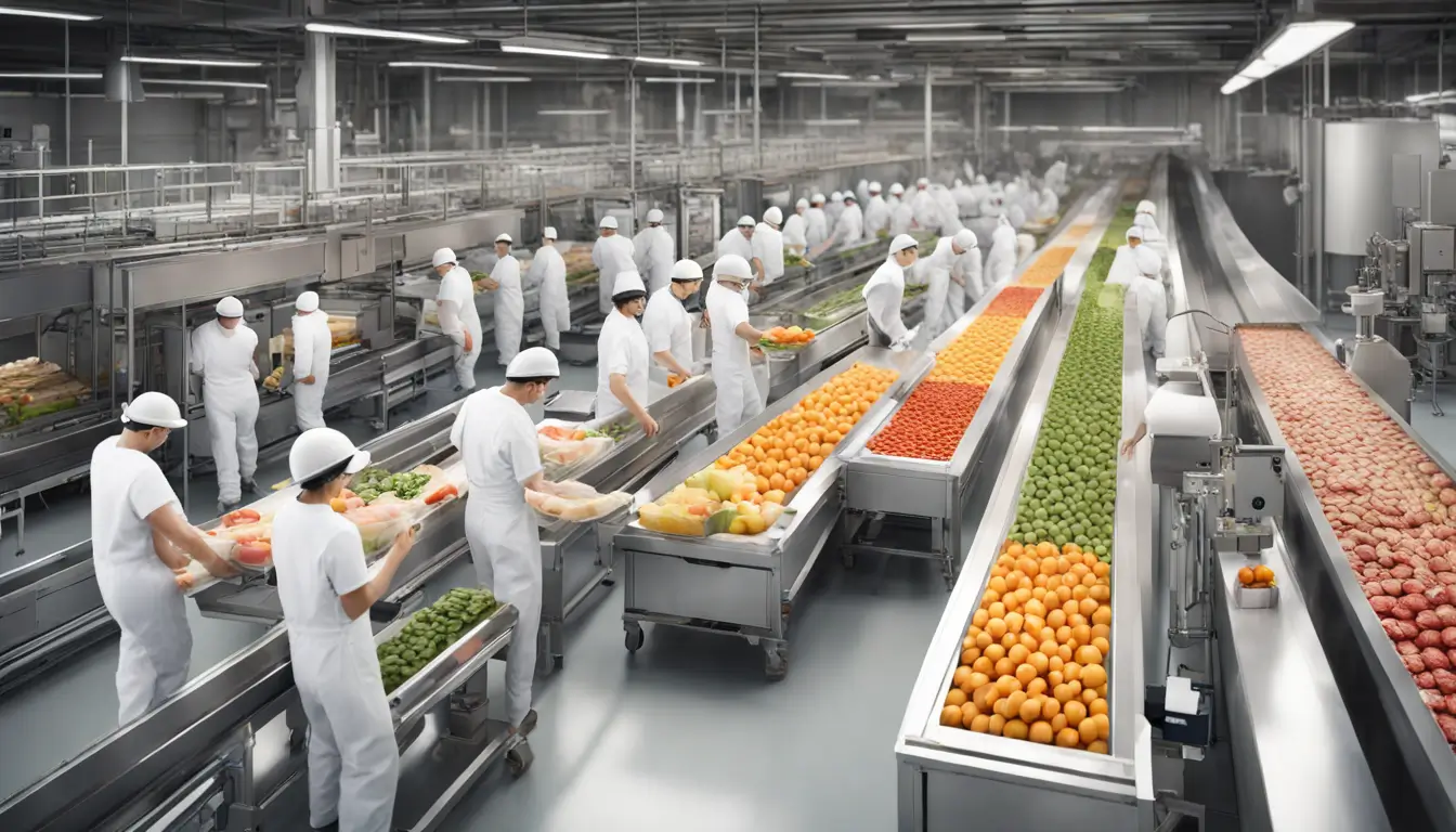 Imagem de linha de produção industrial de alimentos, mostrando produtos variados com códigos de barras visíveis, sendo monitorados por trabalhadores vestindo jalecos brancos.