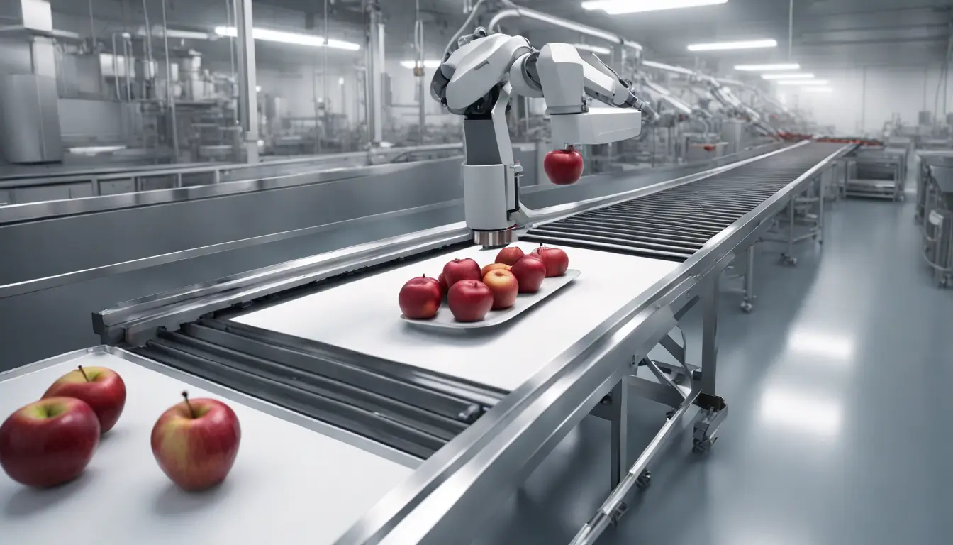 Imagem de um braço robótico manuseando precisamente uma maçã vermelha brilhante em uma instalação de processamento de alimentos de alta tecnologia, com maçãs adicionais movendo-se na esteira e scanner