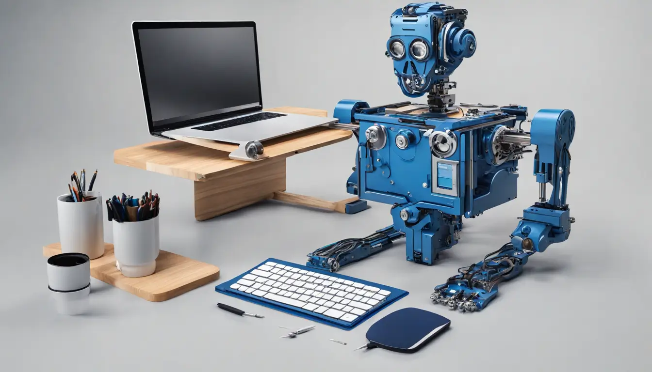 Imagem de automação de processos com braço robótico e engrenagens, simbolizando eficiência e inovação em empresas.