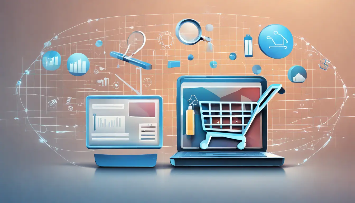 Carrinho de compras digital com ícones de SEO em uma página de resultados de busca, simbolizando estratégias para posicionar lojas virtuais no topo.