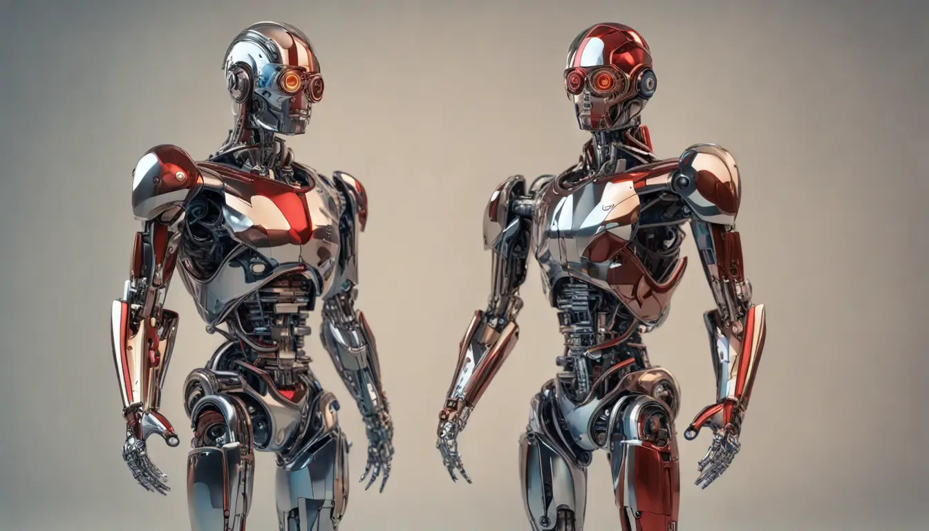 Robô humanóide em loja atendendo clientes felizes, simbolizando a revolução da IA no atendimento ao cliente no varejo.