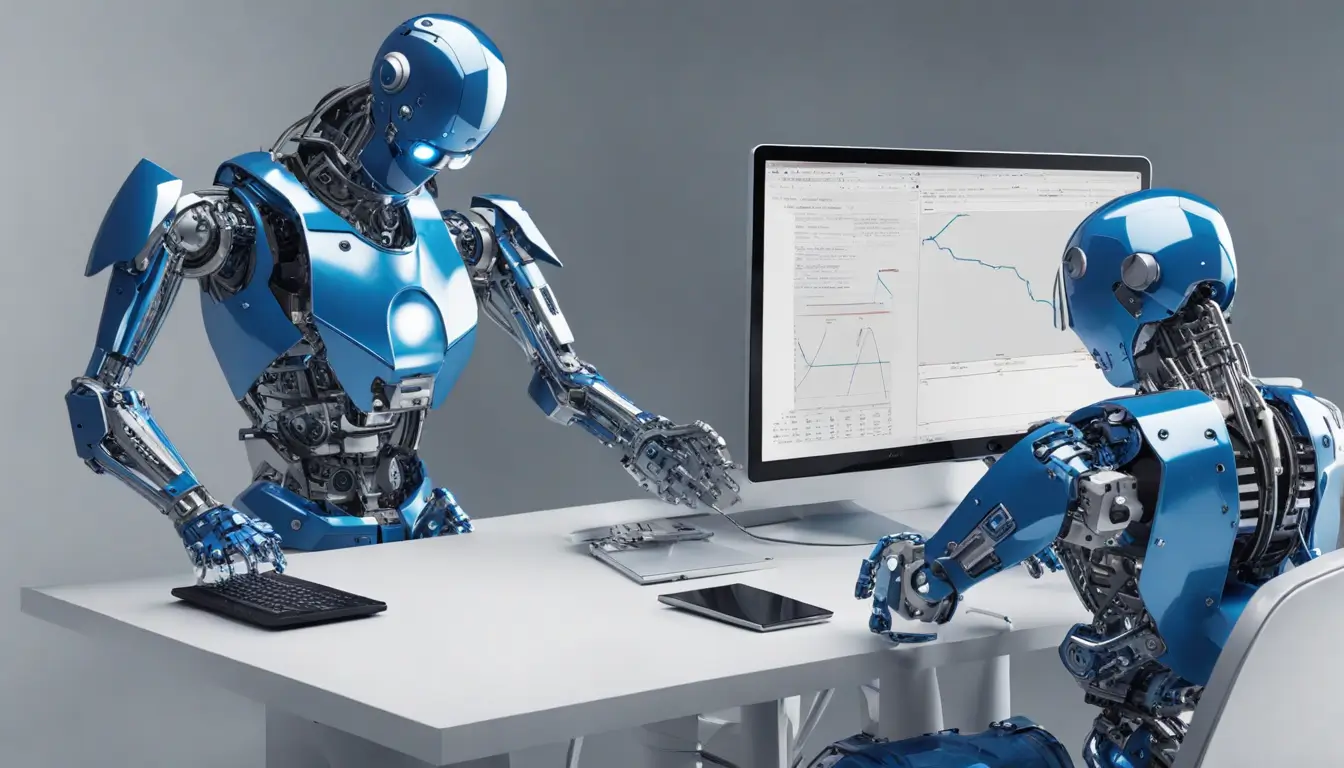 Robô de metal usando computador com gráficos de marketing para ilustrar automação em estratégias de marketing digital.