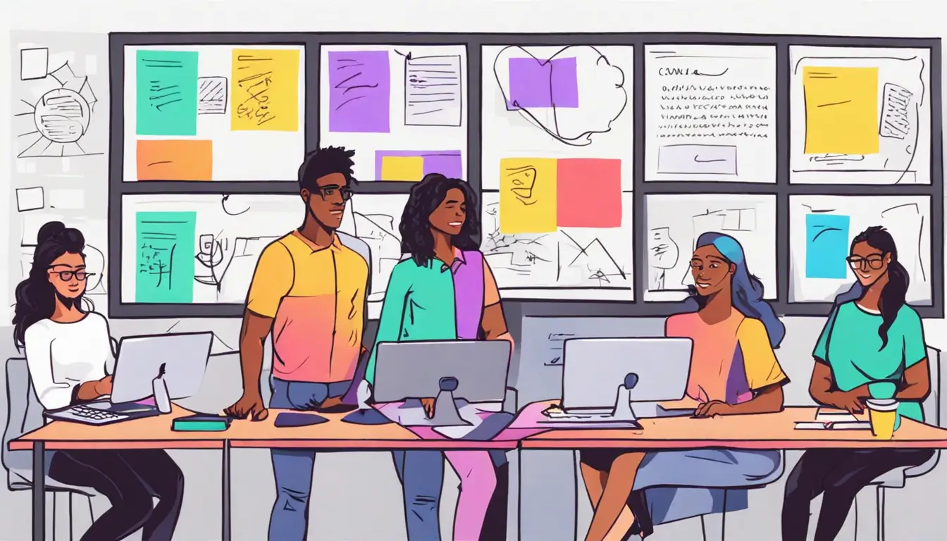 Imagem representando uma equipe de desenvolvedores de software colaborando em metodologias ágeis com quadro de tarefas e ícones de programação.