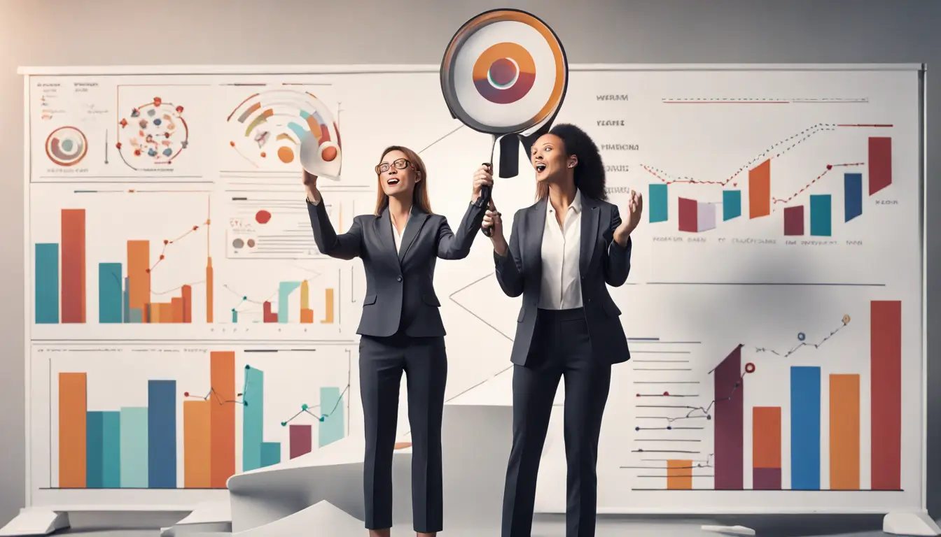 Empresária usando megafone em um pódio, cercada por gráficos de crescimento e público diverso aplaudindo, representando empatia e técnicas poderosas.