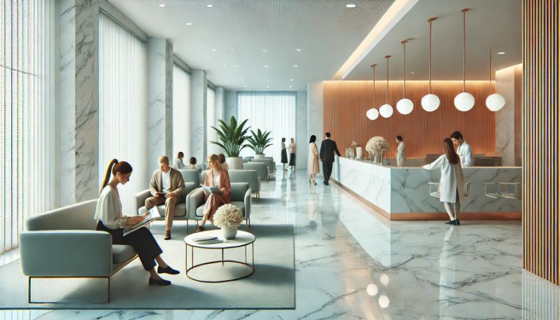 recepção de clinica bonita e minimalista com pacientes sentados aguardando para serem atendidos, resultado do sucesso com marketing digital para clinicas