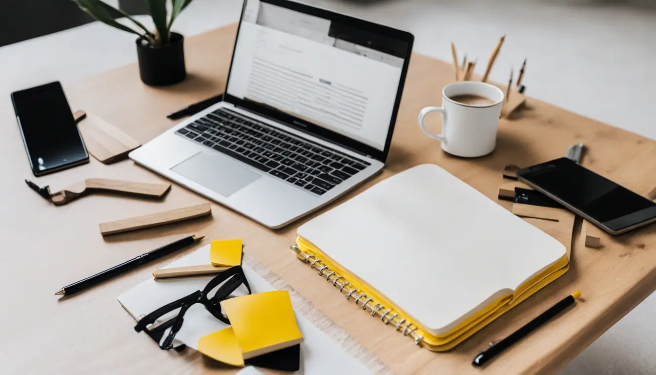 Imagem de uma mesa organizada com um notebook mostrando uma página de blog em branco, café, bloco de notas, smartphone e planta, ideal para escrever um bom texto para blog.