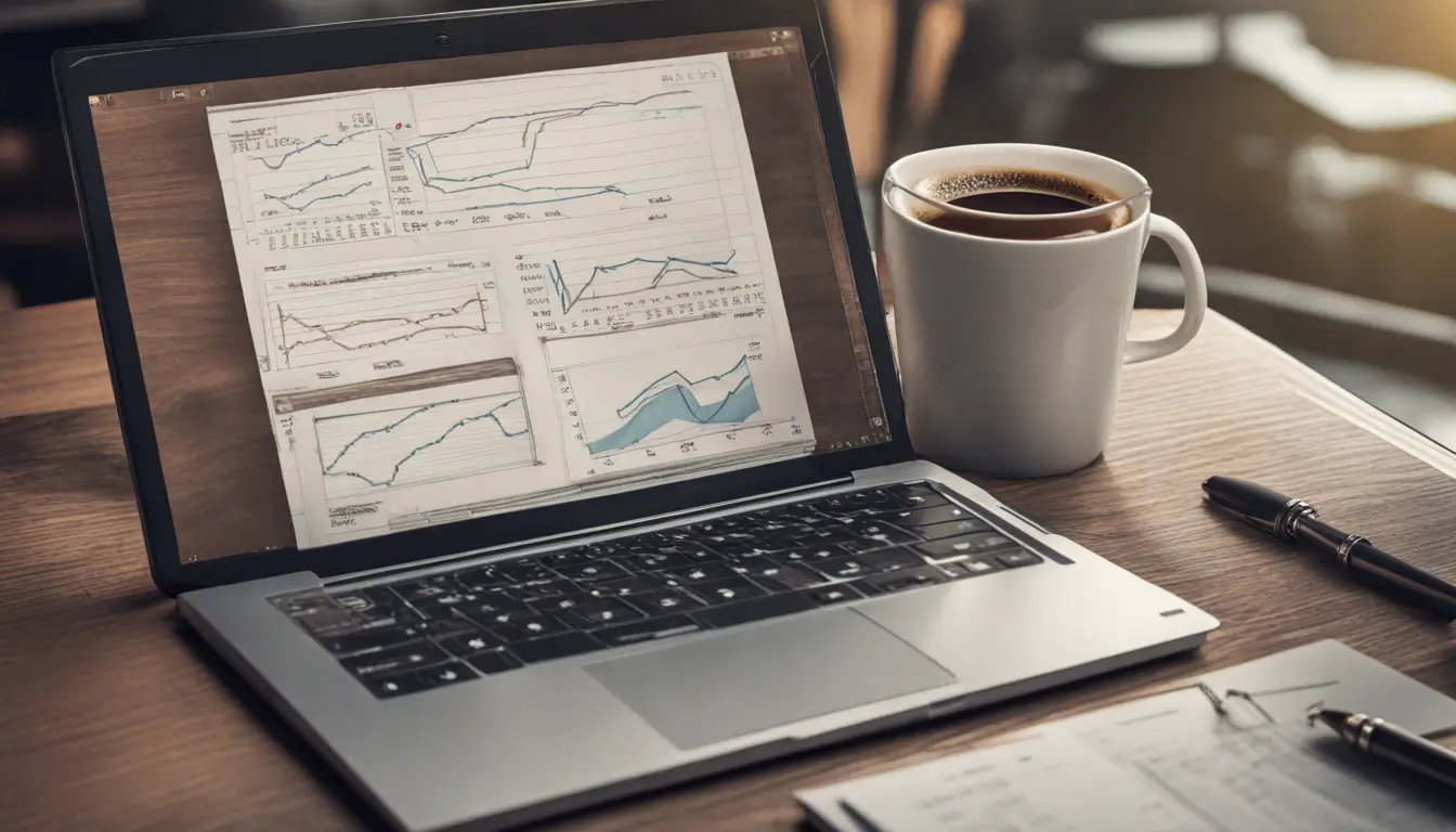 Laptop exibindo gráficos de SEO, caderno com anotações, caneta e xícara de café em ambiente de escritório para ilustrar dicas de SEO para blogs.