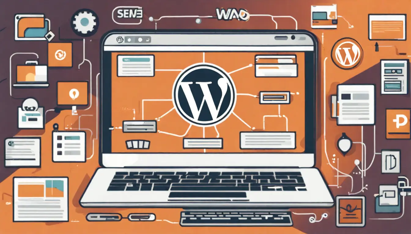 Imagem de laptop com logotipo do Wordpress na tela, cercado por cinco ícones de plugins de SEO, representando os melhores plugins de SEO para Wordpress.