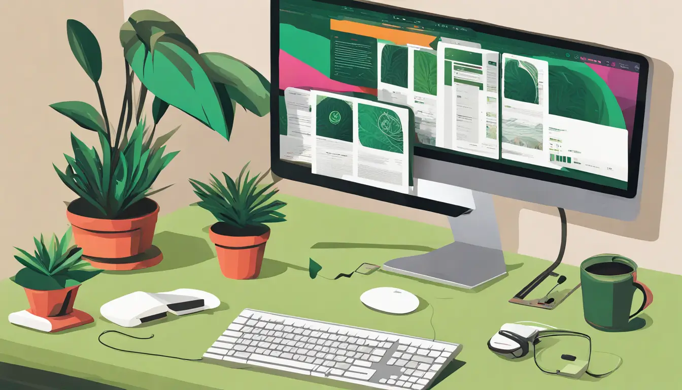 Computador com logotipos do Yoast SEO e Automarticles na tela, papéis e gráficos coloridos, caneca de café e planta verde ao fundo, representando estratégias de conteúdo.