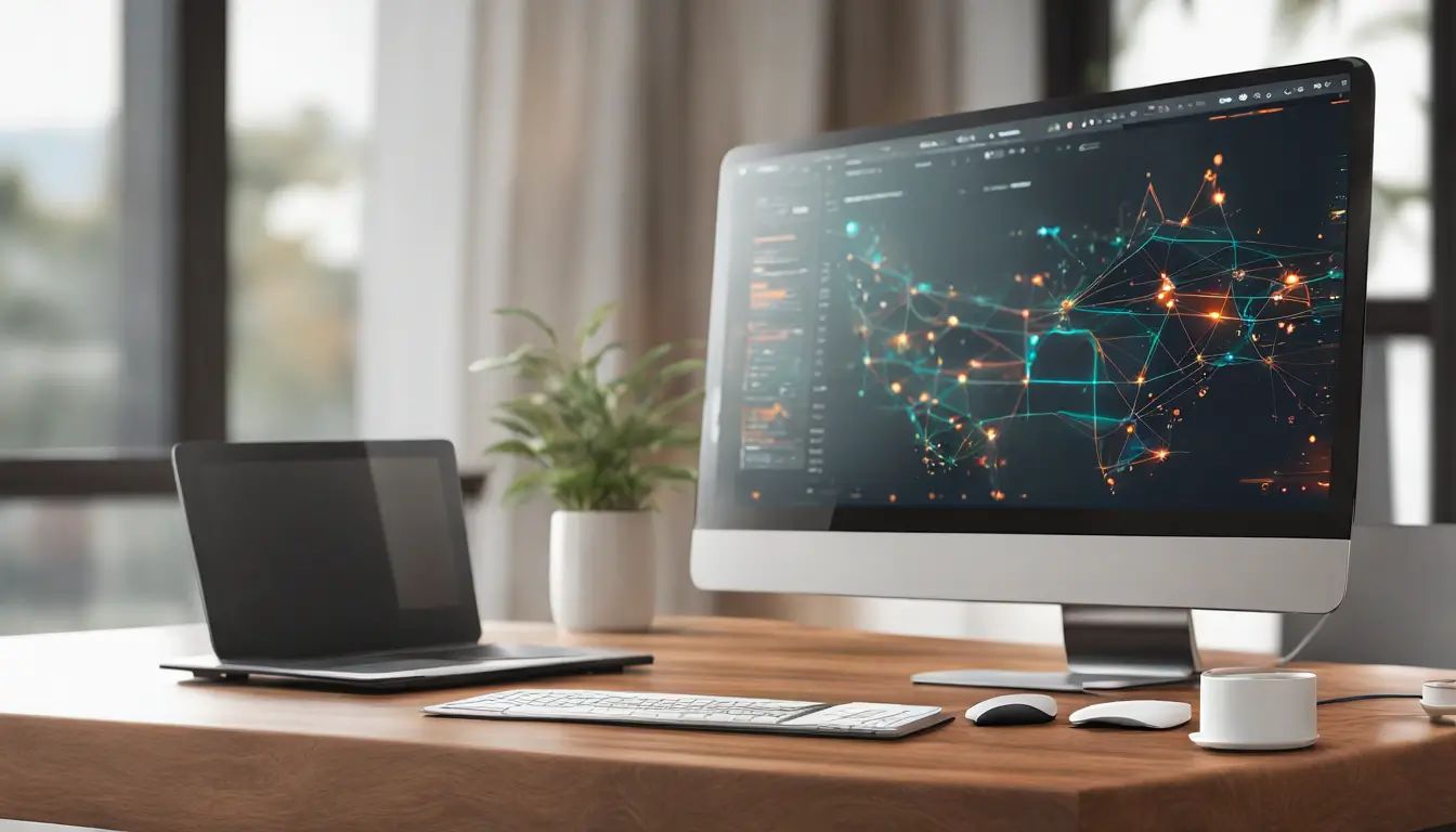 Computador de mesa com gráficos de SEO e ferramentas, ilustrando como funciona SEOPress e como tirar maior proveito