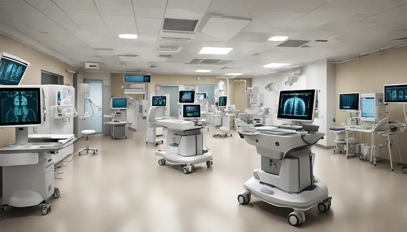 Hospital moderno com tecnologia avançada, incluindo robôs, telas digitais e profissionais de saúde utilizando tablets, destacando avanços no setor hospitalar.