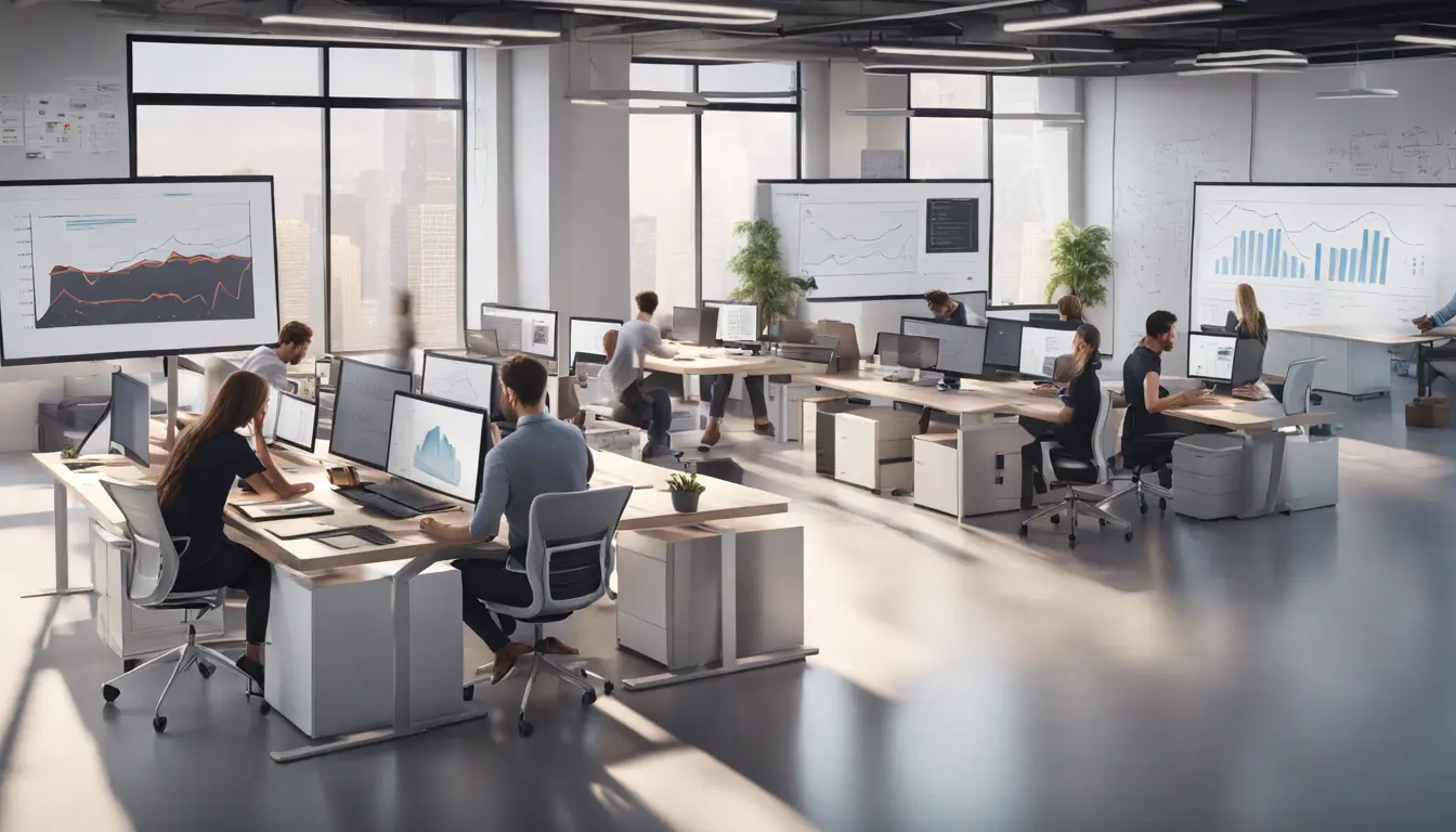 Pessoas diversas trabalhando em laptops e tablets em um escritório moderno com quadro branco e tela grande exibindo painel de dados.