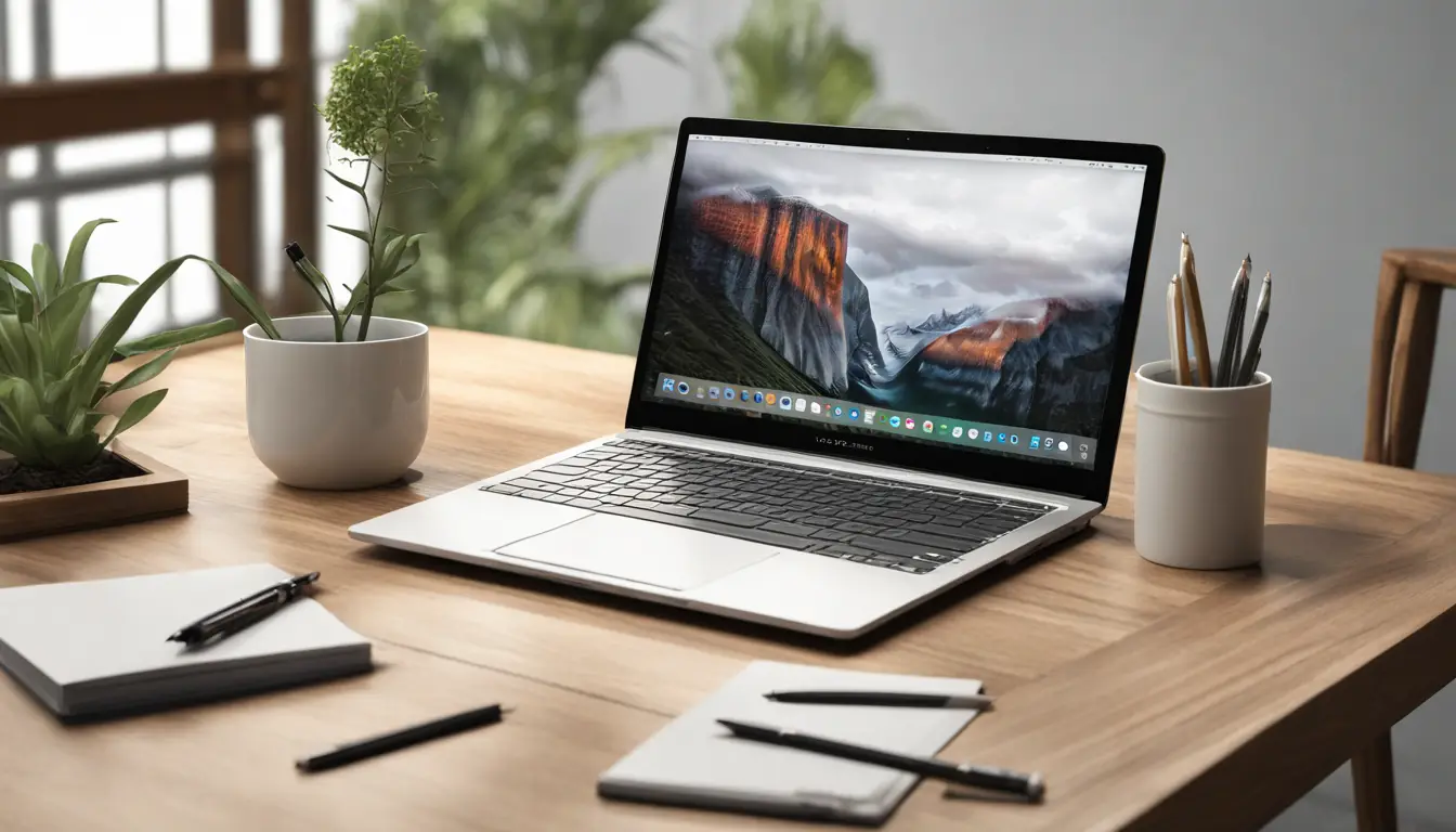 Laptop com gráficos de análise de dados na tela, ao lado de um bloco de notas e uma caneta, com uma planta pequena ao fundo.