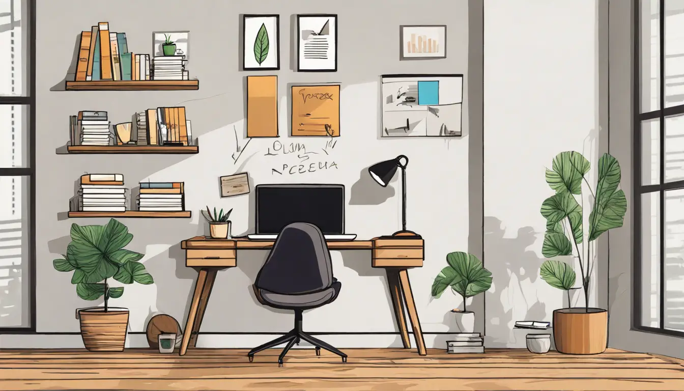 Uma mesa de escritório com um laptop, blocos de notas, canetas, uma pequena planta, uma lousa branca com diagramas e um smartphone.