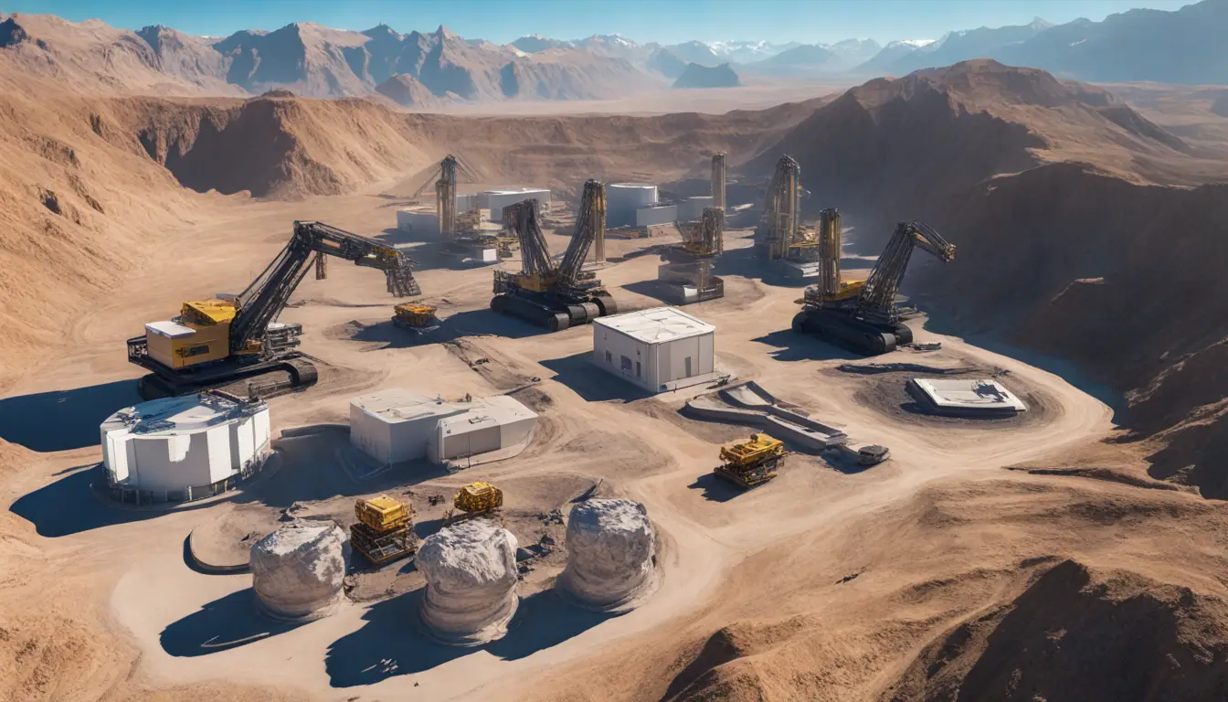 Mineração futurista com máquinas robóticas e drones autônomos sob céu azul e montanhas ao fundo.