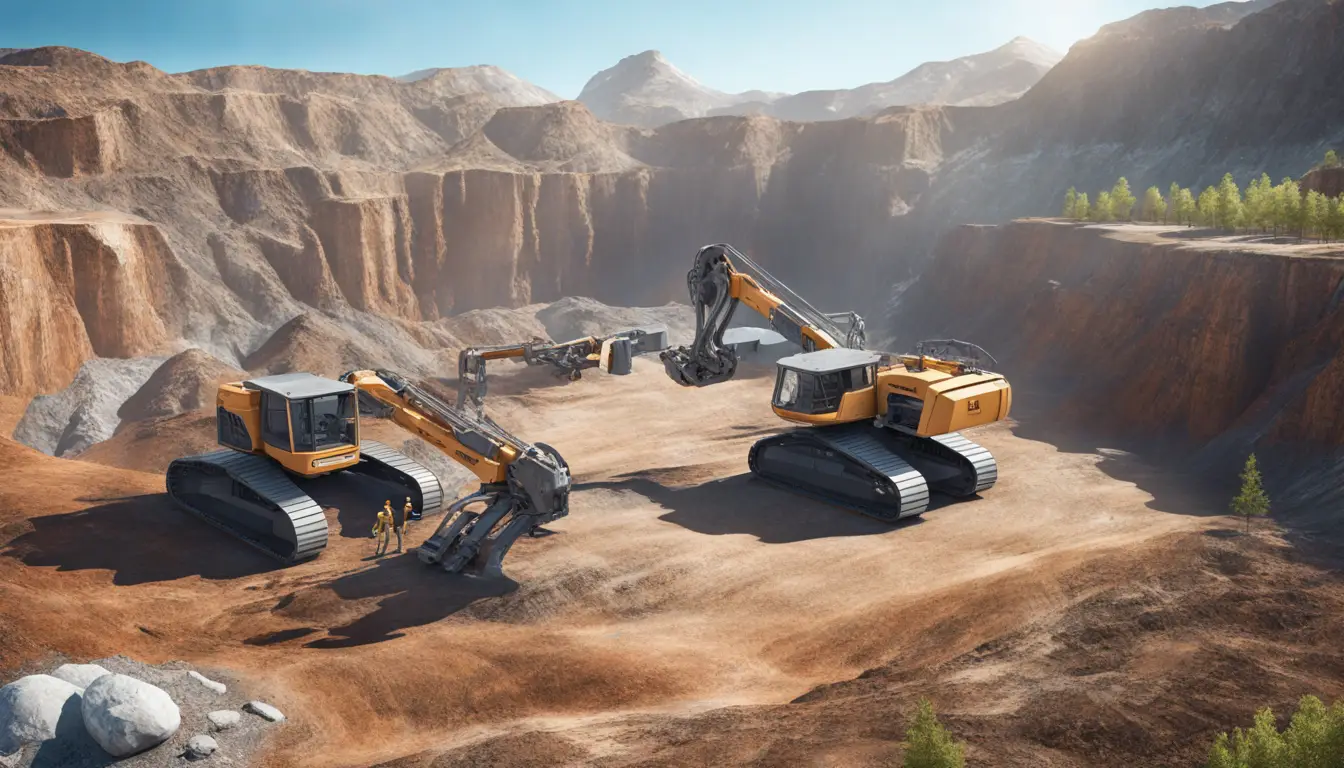 Usina de mineração futurista com máquinas robóticas avançadas escavando minerais em terreno acidentado.