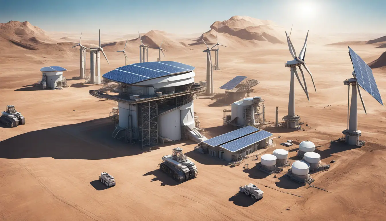 Instalação de mineração futurista com robôs eólicas e solares no deserto.