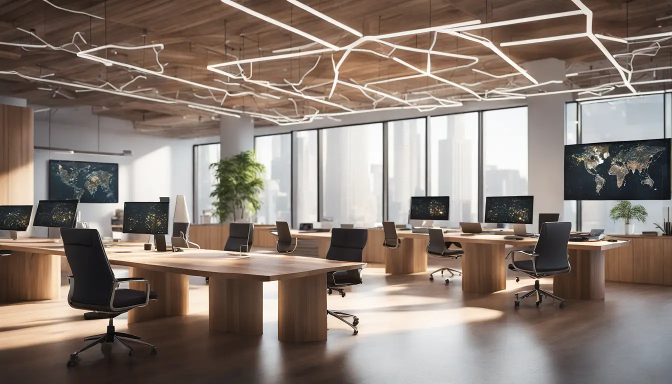 Profissionais em torno de mesa de conferência usando software empresarial em um escritório moderno e iluminado.