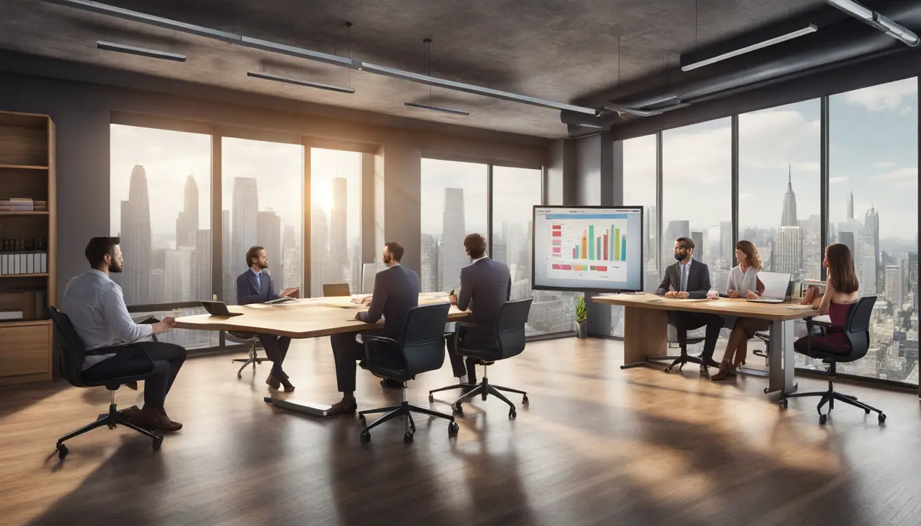 Reunião de negócios com quatro pessoas ao redor de uma mesa, laptops abertos e gráficos em tela de projeção, em um escritório moderno.