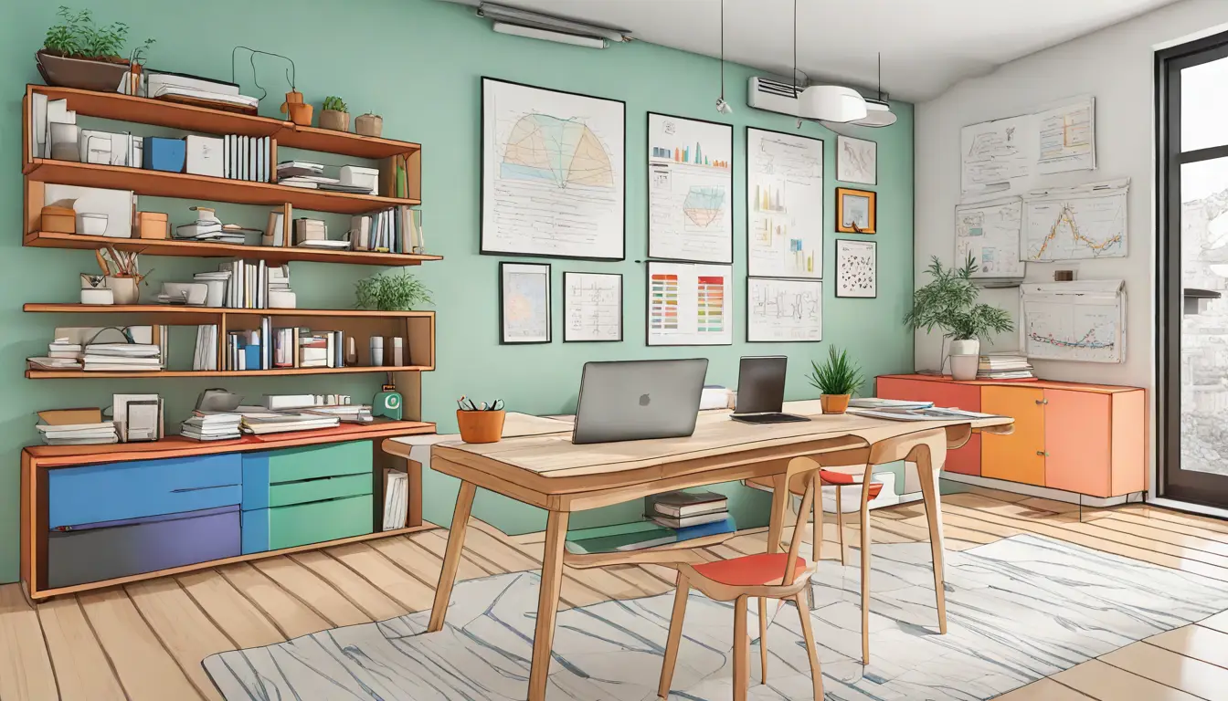 Mesa de escritório com documentos e gráficos coloridos, lousa na parede com setas e diagramas.