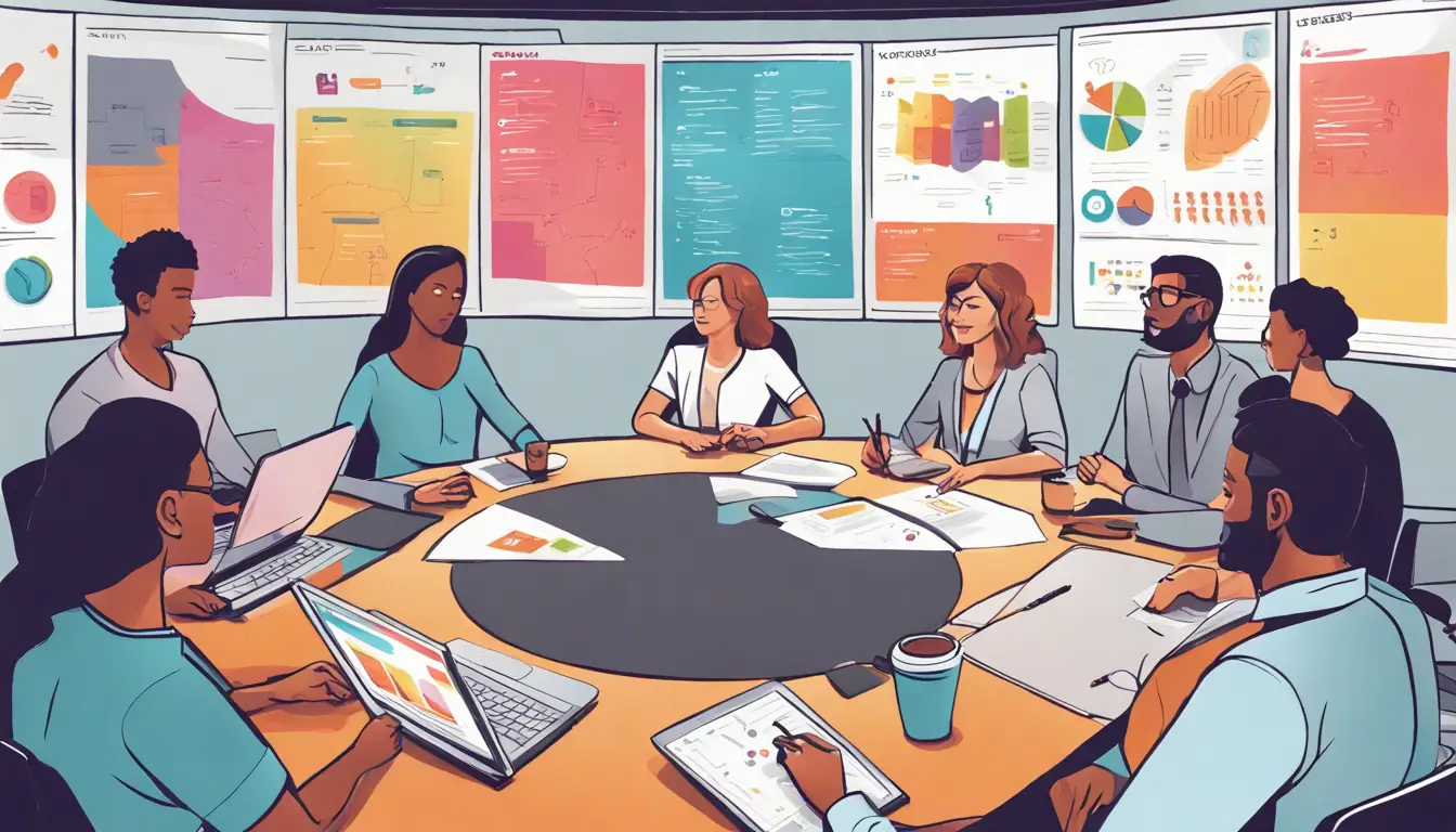 Profissionais em um escritório colaborando em torno de uma mesa com um roadmap de produto exibido em uma tela grande.
