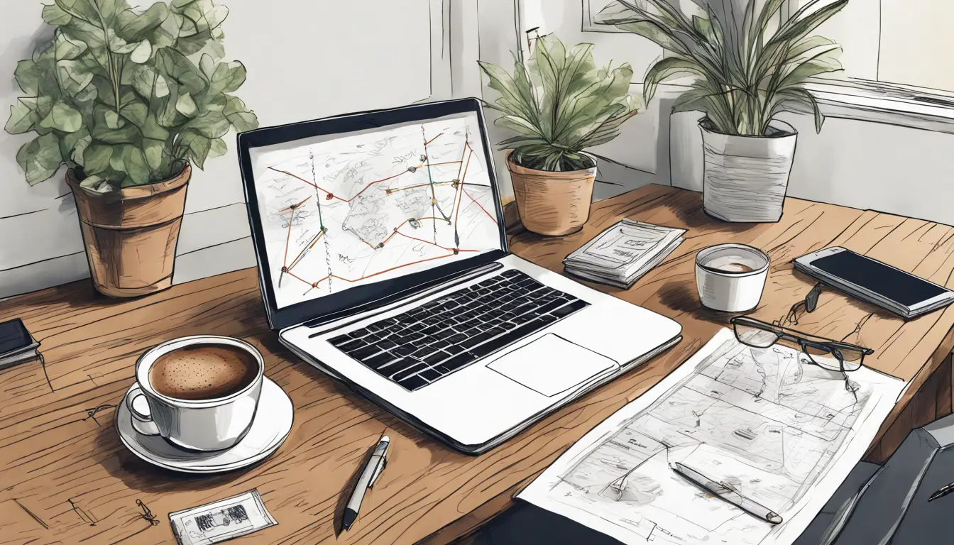 Mesa de escritório com diagrama de roadmap em papel, laptop, café e planta pequena.