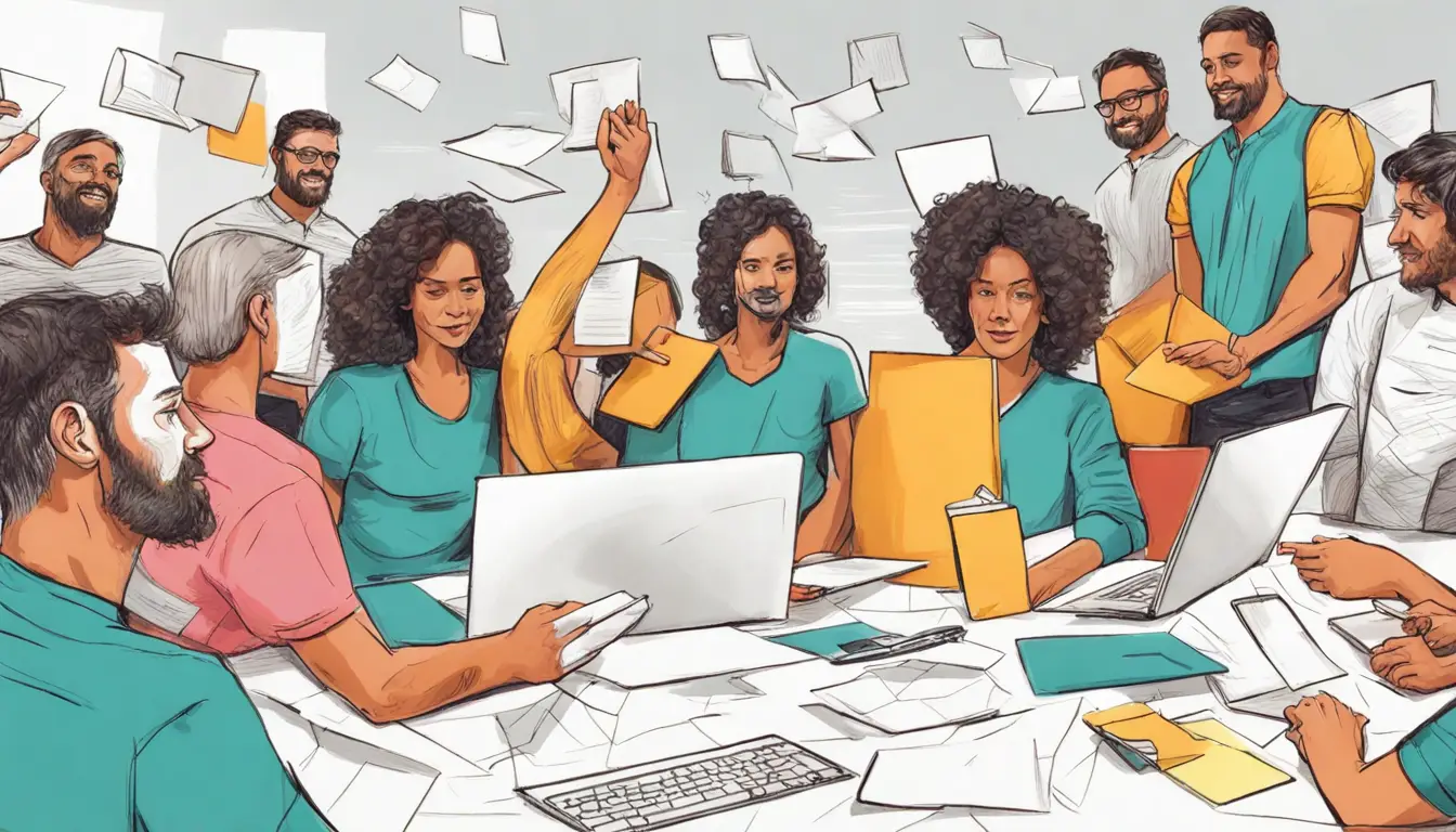Pessoas em reunião colaborativa discutindo ideias em frente a um quadro branco com post-its.