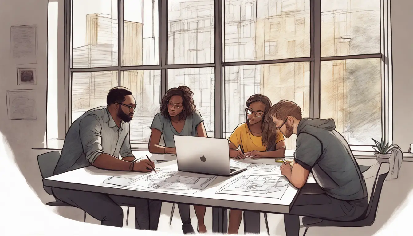 Equipe diversa de quatro pessoas colaborando em torno de uma mesa com laptop, esboços e notas adesivas na parede.