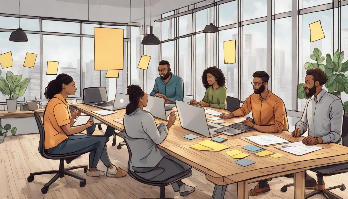 Equipe diversa colaborando em torno de uma mesa de madeira com laptops e notas adesivas em escritório moderno.