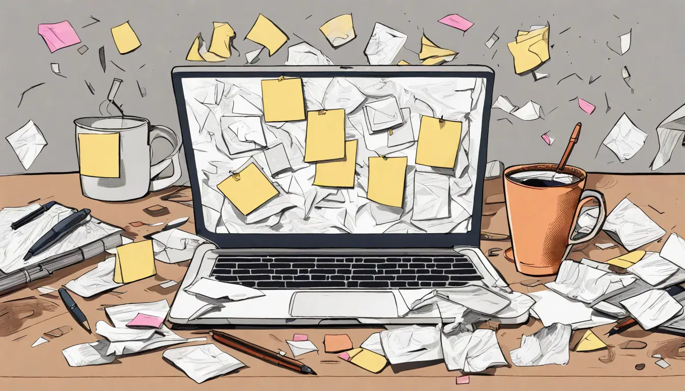Uma mesa cheia de notas adesivas bagunçadas, papéis amassados, um laptop com símbolo confuso, copos de café e canetas.