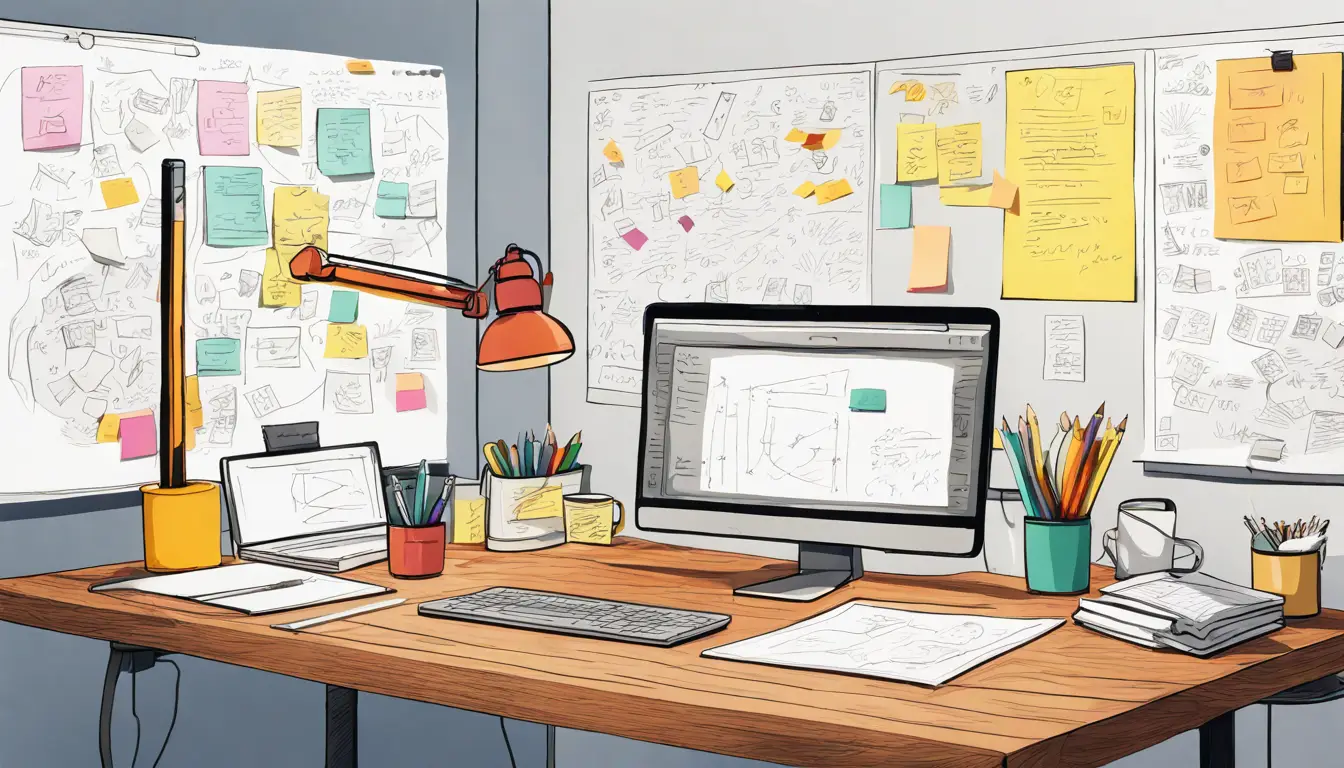Espaço de trabalho organizado com quadro branco cheio de notas coloridas e diagramas, laptop em mesa de madeira.