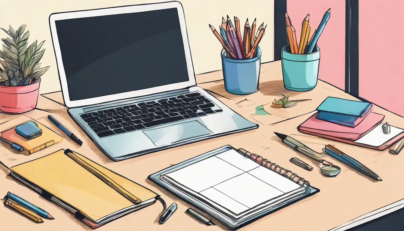Mesa de escritório com laptop, caderno, caneta, smartphone e quadro branco com diagramas e post-its coloridos.