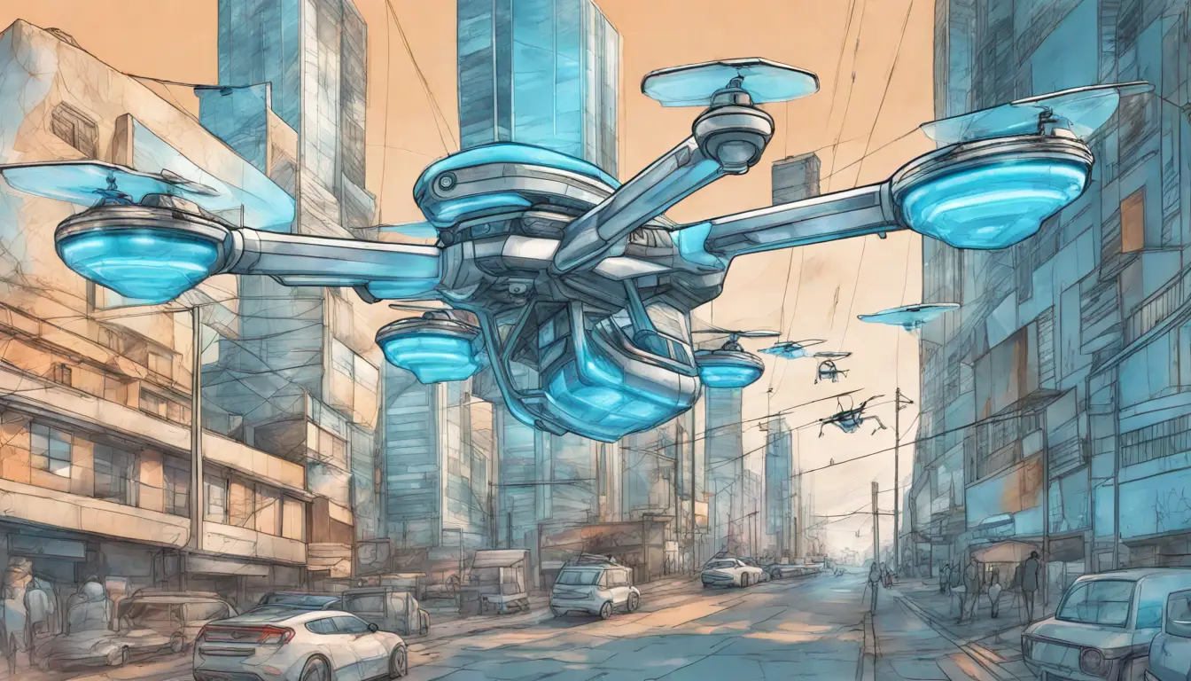 Cidade futurista com arranha-céus de vidro, drones e carros autônomos.
