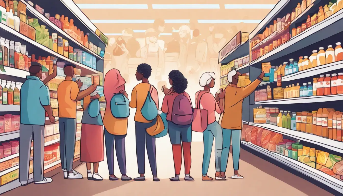 Grupo diverso de pessoas escolhendo produtos em prateleira de supermercado, mostrando variedade de opções de consumo.
