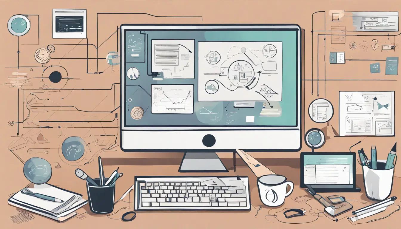 Interface complexa em tela de computador, bloco de notas e lupa em ambiente de escritório moderno.