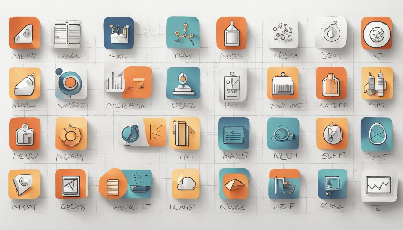 Ilustração digital de 10 ícones etiquetados representando as heurísticas de Nielsen, dispostos em uma grade.