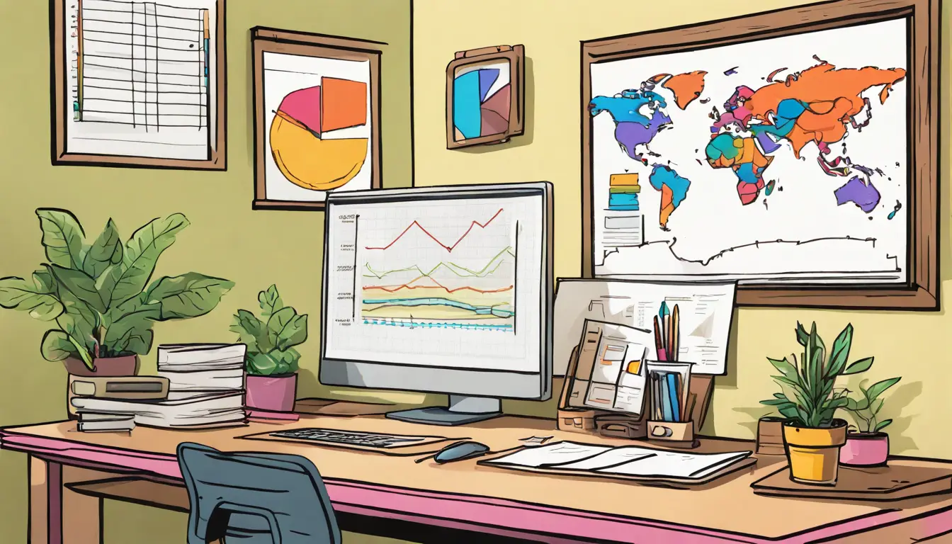 Escritório com mesa de madeira, laptop e planta, quadro com gráficos coloridos na parede.