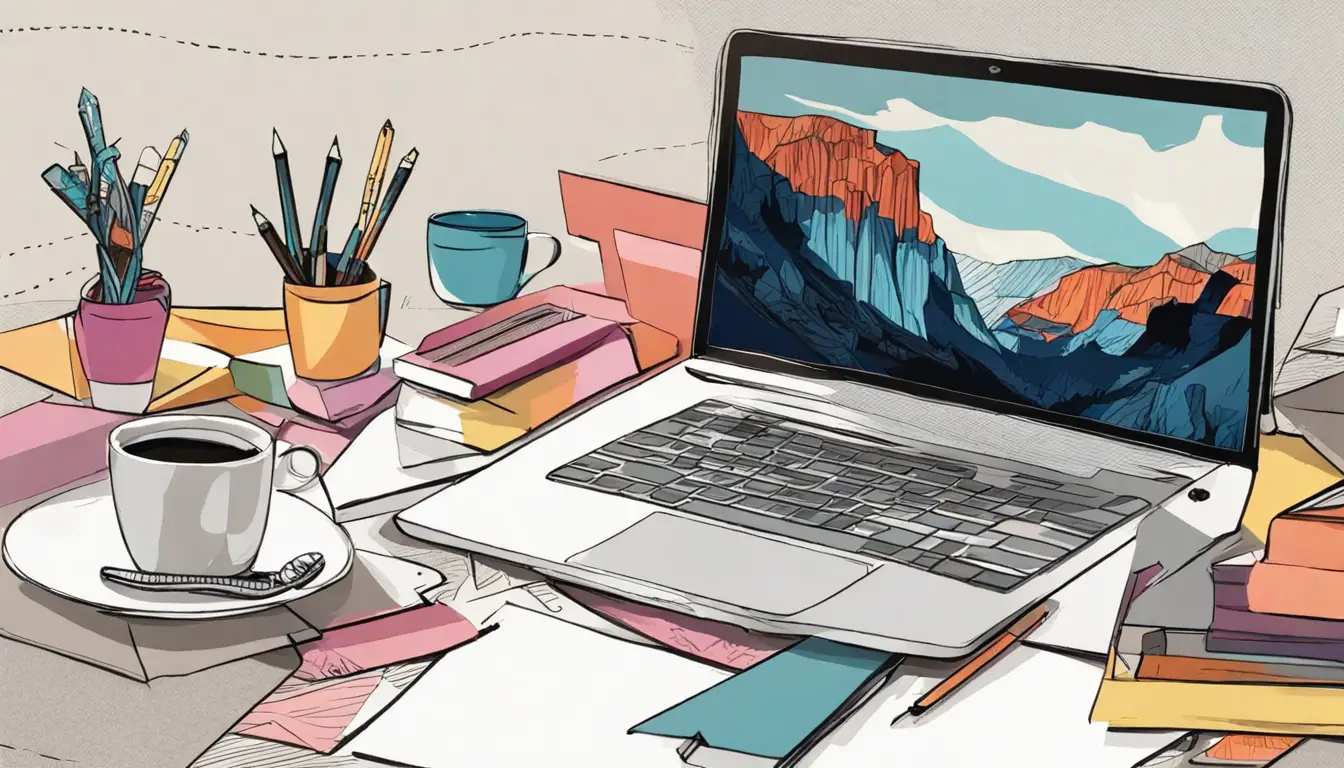 Laptop com gráficos coloridos em uma mesa de escritório, cercado por anotações, canetas e um copo de café.