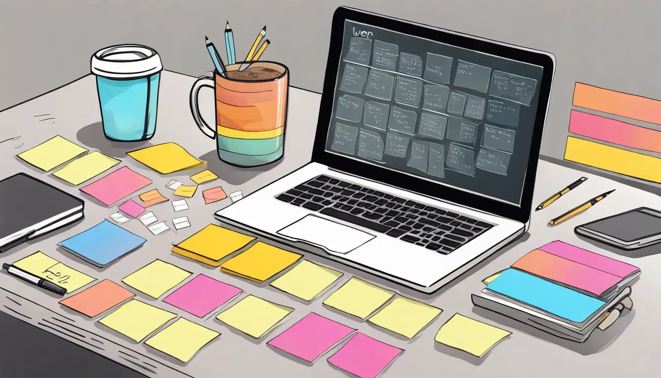 Mesa organizada com post-its coloridos rotulados como 'User Story', laptop com diagrama e caneca de café ao lado.