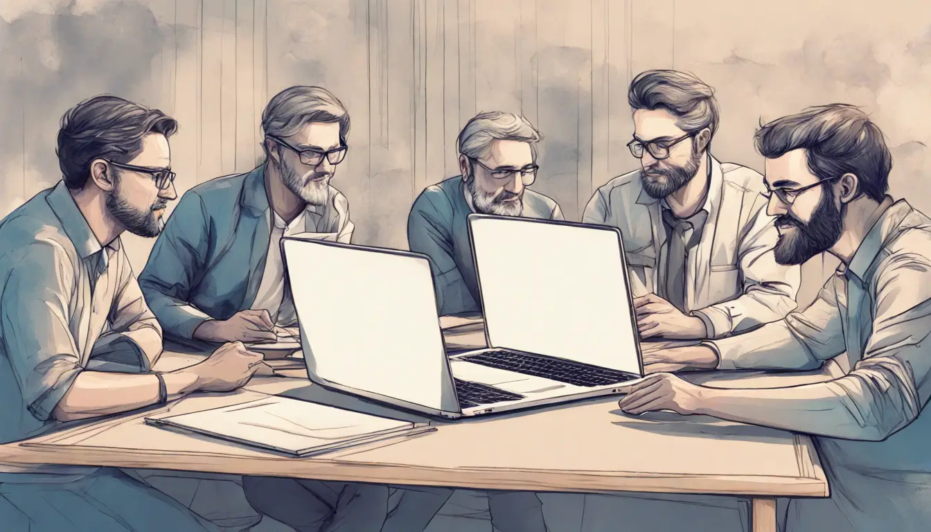 Profissionais de negócios em reunião colaborativa em torno de uma mesa moderna com laptops.