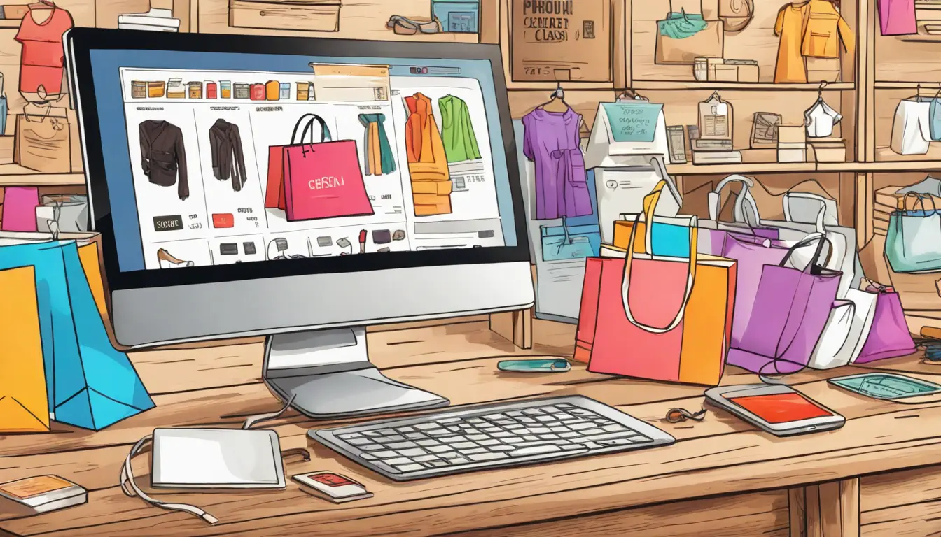 Página de checkout de e-commerce movimentada com ícones de produtos, carrinho e cartões de crédito sobre a mesa.