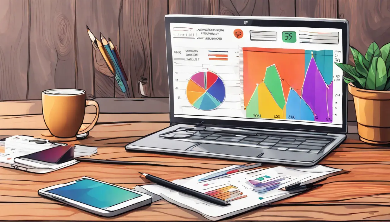 Computador portátil com dashboard de marketing digital e gráficos em uma mesa, ao lado de celular, bloco de notas e xícara de café.