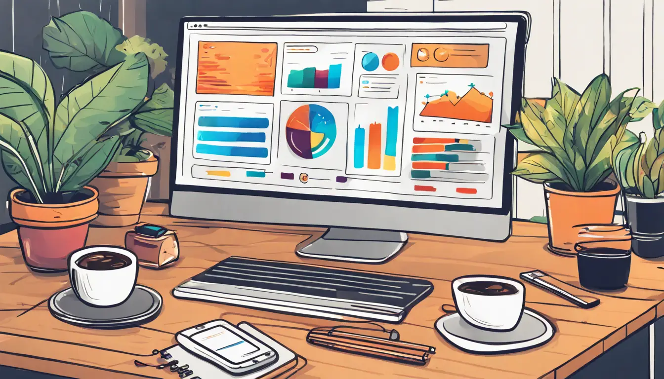 Tela de computador com painel de e-commerce, ícones de plugins, gráficos coloridos, laptop, smartphone e planta em mesa de madeira.