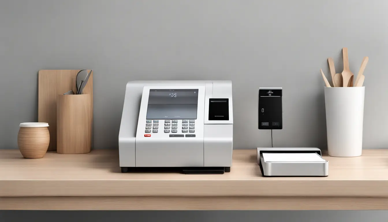 Posto de checkout moderno e minimalista com interface de tela, leitor de cartão e impressora de recibos em fundo branco.