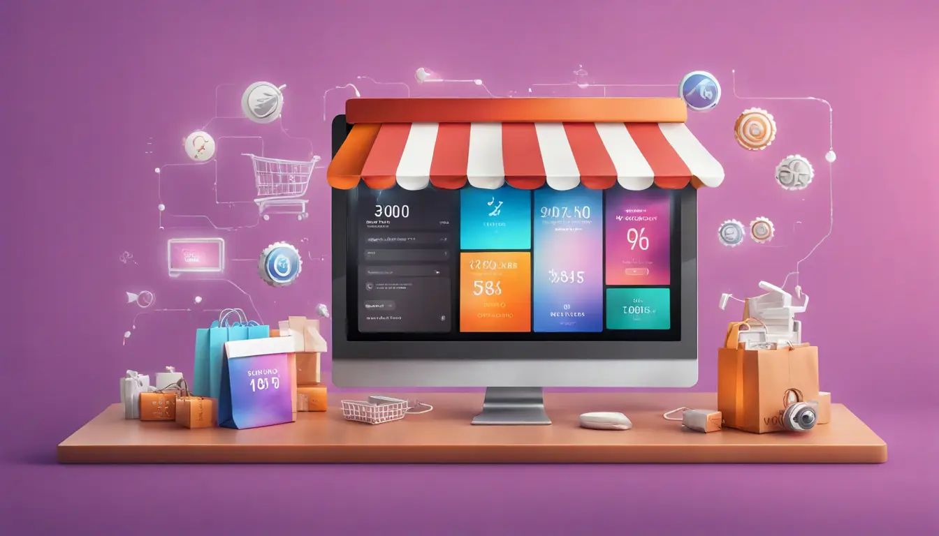 Tela de computador mostrando interface de loja online com logotipo WooCommerce e ícones de carrinho de compras e gráficos de vendas.